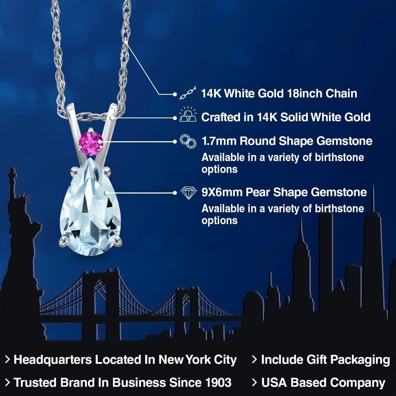Gem Stone King 14K White Gold Sky Blue Aquamarine and Pink Sapphire Pendant Necklace for Women | 1.20 Cttw | Gemstone March Birthstone | Pear Shape 9X6MM | With 18 Inch Chain - Image 2