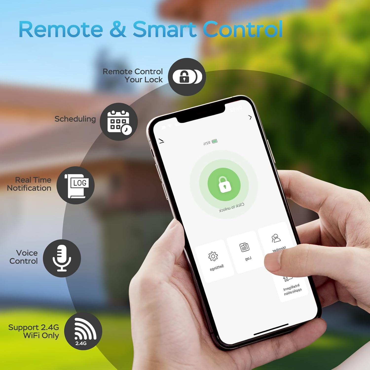 A smartphone displaying the Tuya Smart/Smart Life app interface for a smart lock, showing options for remote control, scheduling, real-time notifications, and voice control.