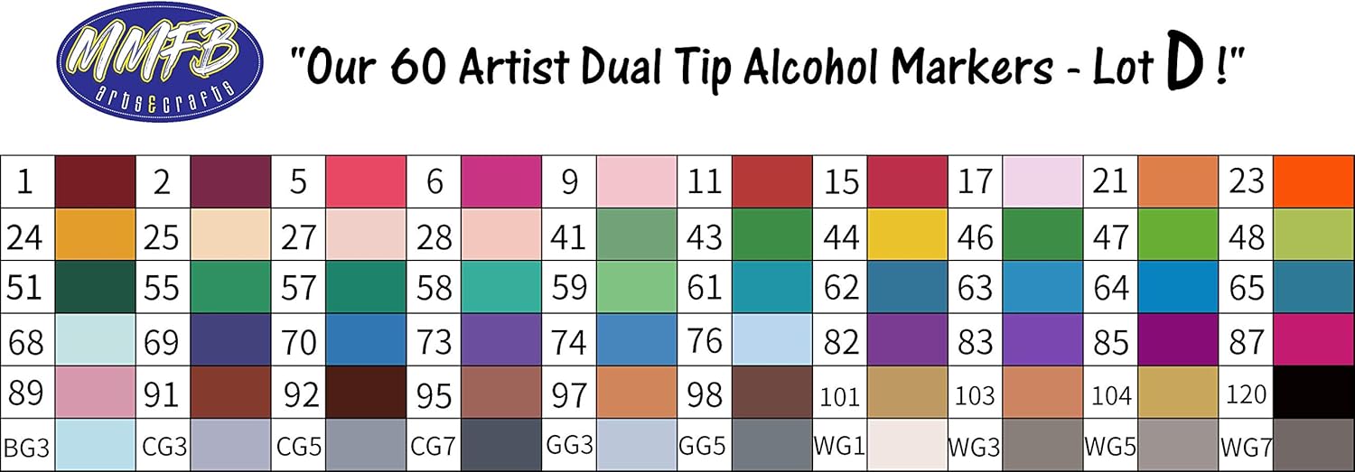 MMFB Arts Premium Dual Tips Alcohol Markers (60 Colors Pack D) - Artist Twin Sketch w/ Extra Pens - Fine Point Journal Pens & Chisel Markers - Kid Adult Coloring Book Drawing Planner Calendar Projects : Arts, Crafts & Sewing