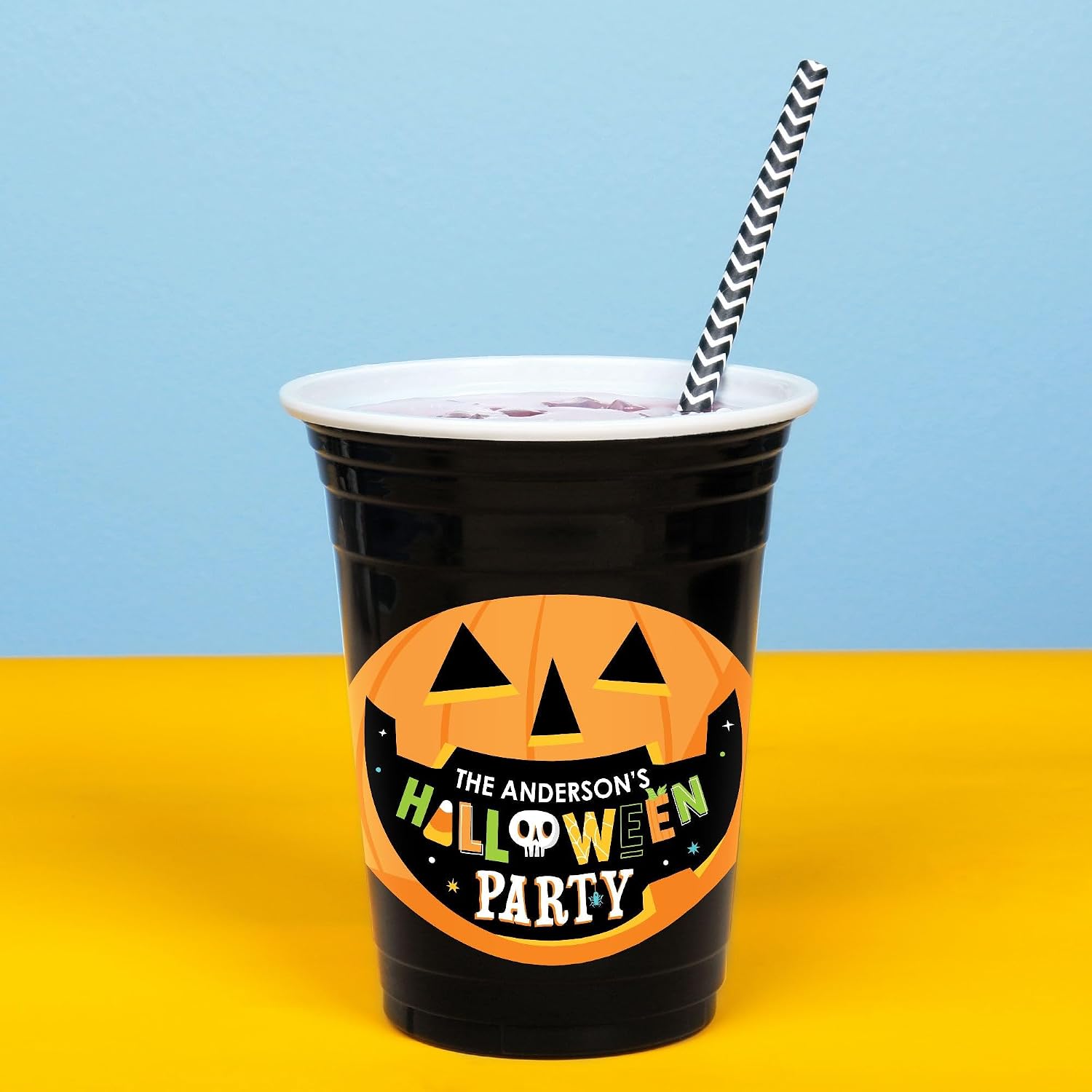 Big Dot of Happiness Custom Jack-O'-Lantern Halloween Cups, 16oz Disposable Drinkware, Kids Halloween Party Table Decor, Custom Party Cups (Black) & Personalized Stickers - 16 Pack