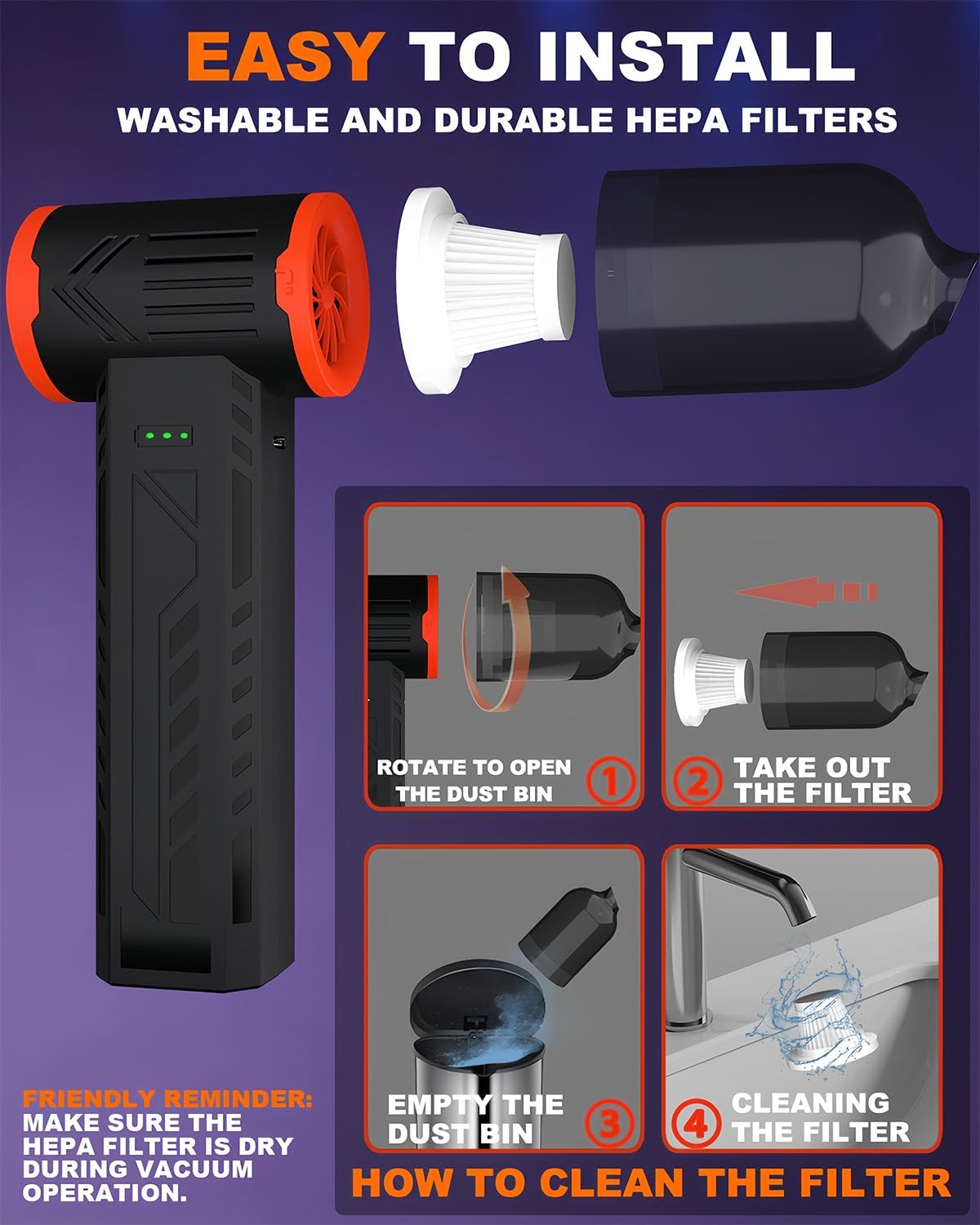 Tool-grade Electric Air Duster, Rechargeable Handheld Blower with 180,000 Super Power Brushless Motor, 2-in-1 Blow & Vacuum Cleaner, Cordless Leaf Blower for Car Drying, Home, Patio Cleaning (Black)