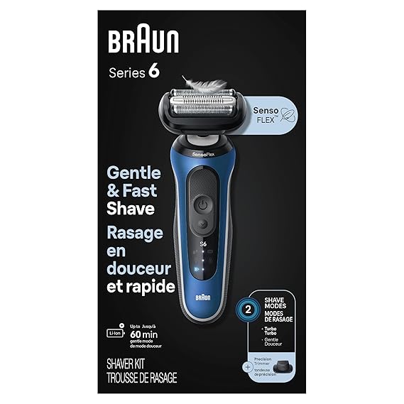 Braun Electric Shaver for Men, Series 6 6120s, Wet & Dry Shave, Turbo & Gentle Shaving Modes, with Precision Trimmer & Pouch, Blue