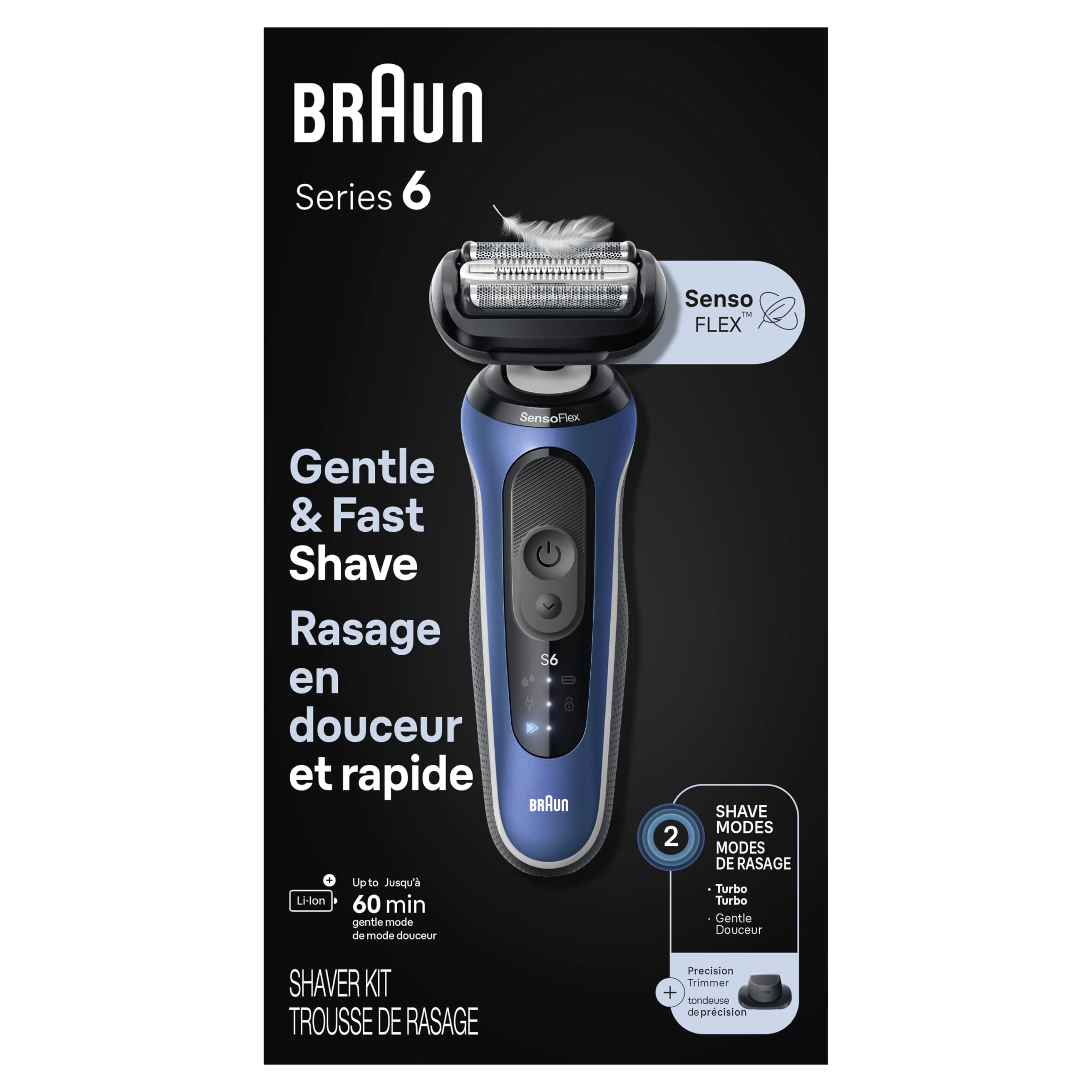 Braun Afeitadora eléctrica para hombre, serie 6 6120s, afeitado en seco y húmedo, modo turbo y delicado, con recortador de precisión y estuche, azul