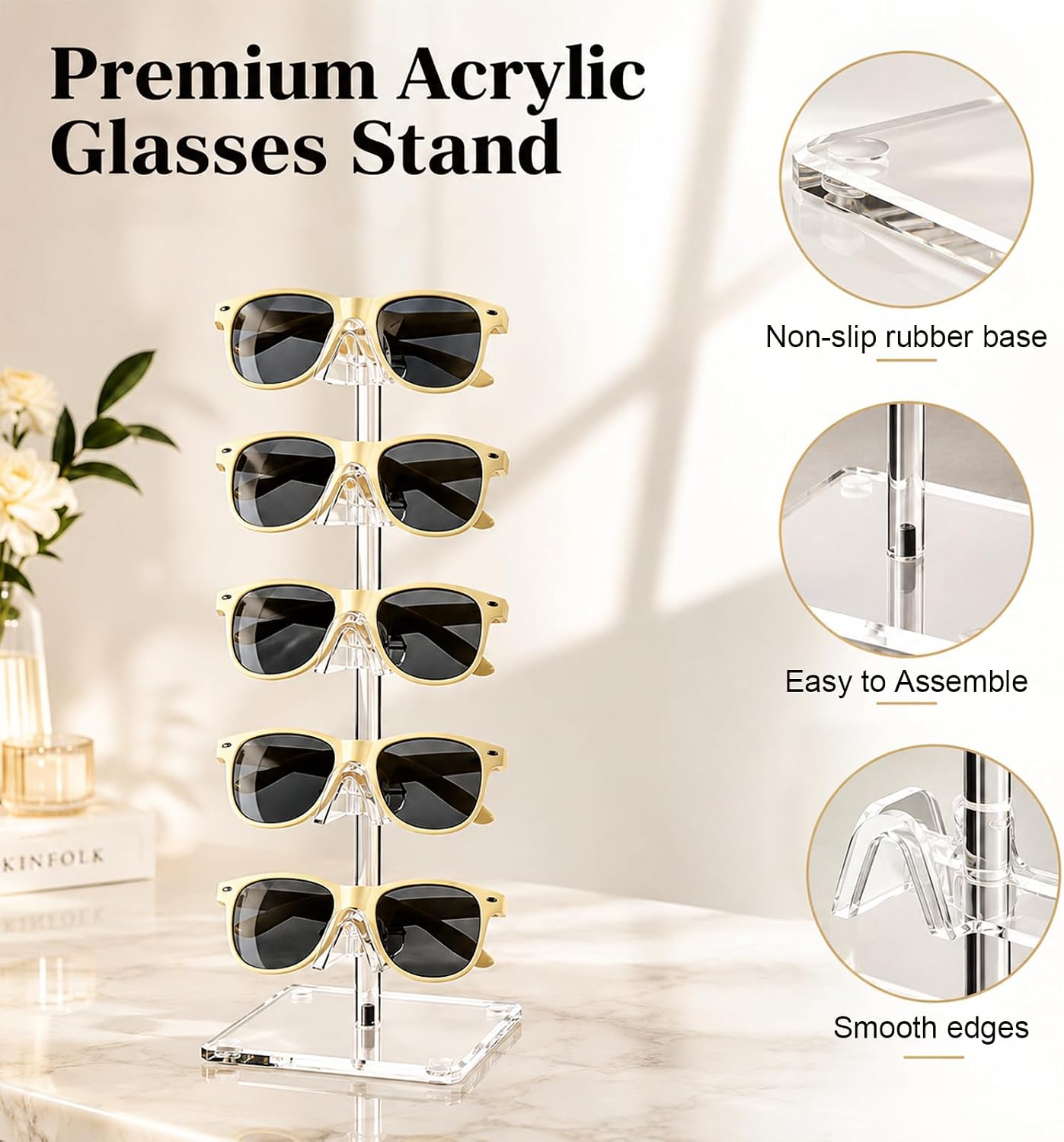 Novabright 2 Pack Acrylic Sunglasses Display Stand, 5 Tier Eyeglass Holder Organizer for Multiple Glasses, Tabletop Sunglass Rack Display for Reading Glasses Retail Store and Home