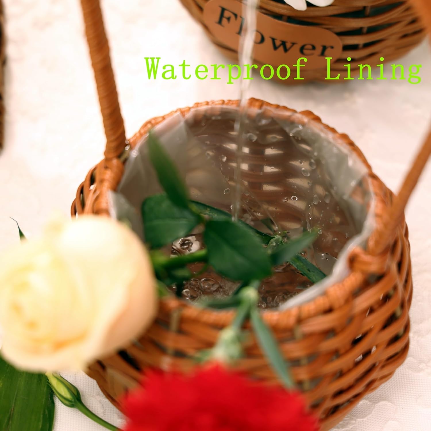 Set of 4 Flower Basket with Handle, QENUIITEA Imitation Rattan Woven Picnic Basket with Plastic Waterproof Lining, Flower Girl Baskets for Wedding Valentine's Day, Storage Basket for Home Decor