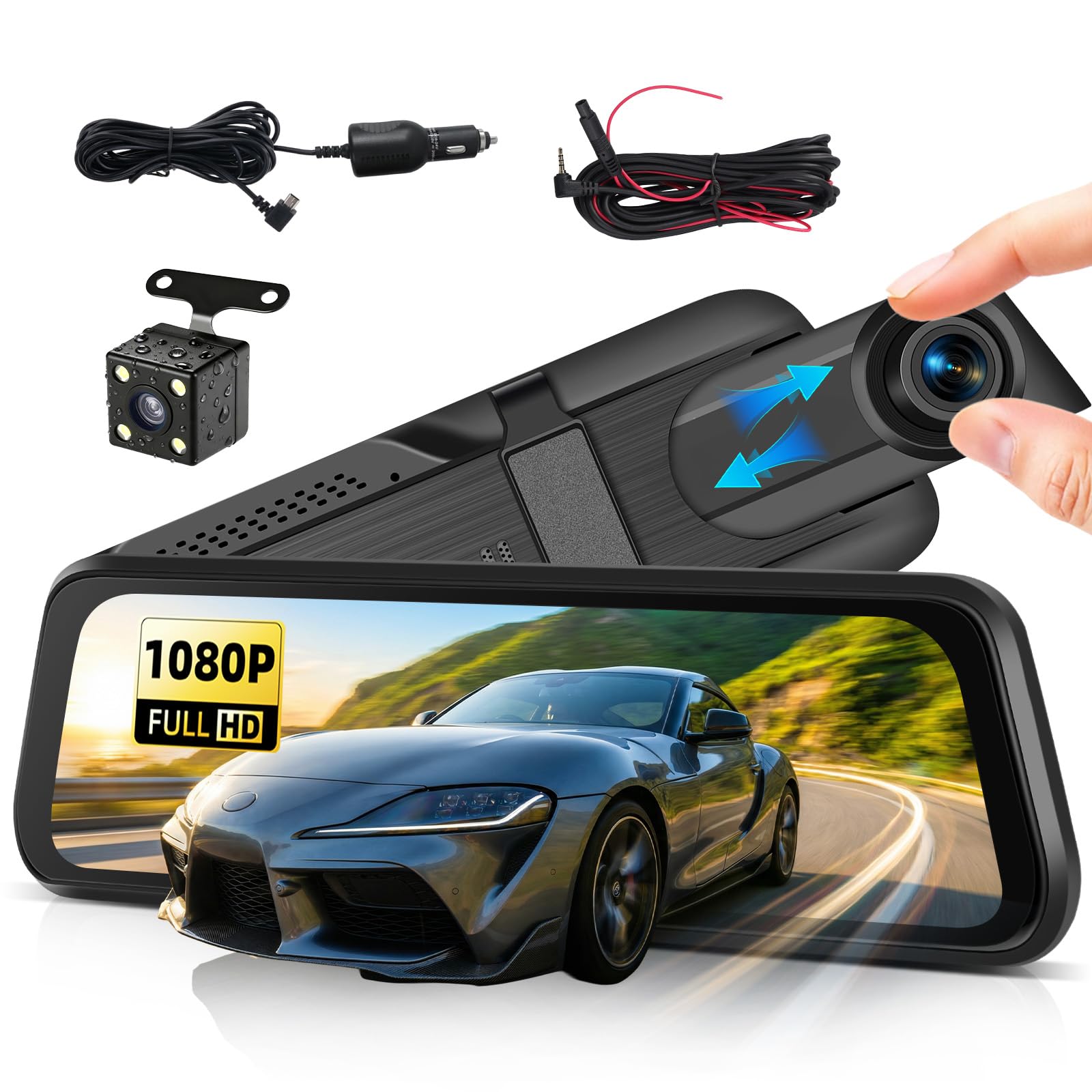SIXWIN Espejo Retrovisor con Cámara 9.66" Táctil, Dash CAM Coche 1080P + Cámara Trasera, Visión Nocturna, Detección Movimiento, Asistente Marcha Atrás, Grabación en Bucle