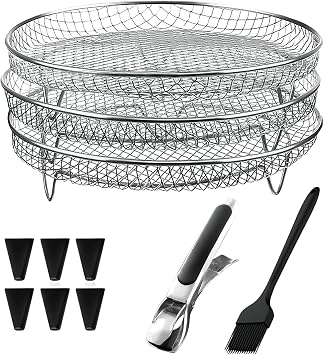 7.8in Stainless Steel Air Fryer Basket for 4.2QT5.8QT Air Fryers & Ovens | 3 Pack, With Clamp And Cleaning Brush, Non-Stick Surface Promotes Airflow, Evenly Cooks Food