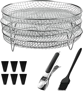 Stainless Steel Air Fryer Basket - 7.8" Round Rack with Clamp and Brush - Non-Stick Tray - Fits 4.2QT - 5.8QT Air Fryers & Ovens - 3 Pack