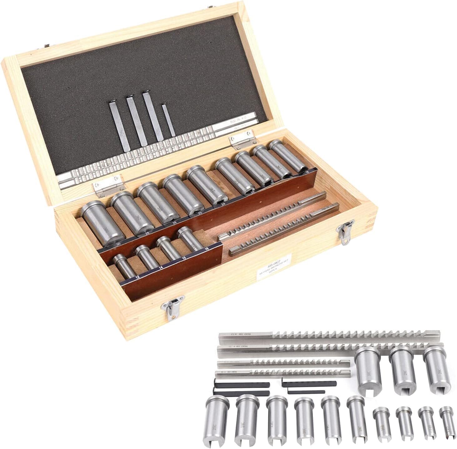 22-Piece Metric Keyway Broach Set in Fitted Box, Industrial Broaching Tools, Precision Cutters & Collared Bushings for Professional Use