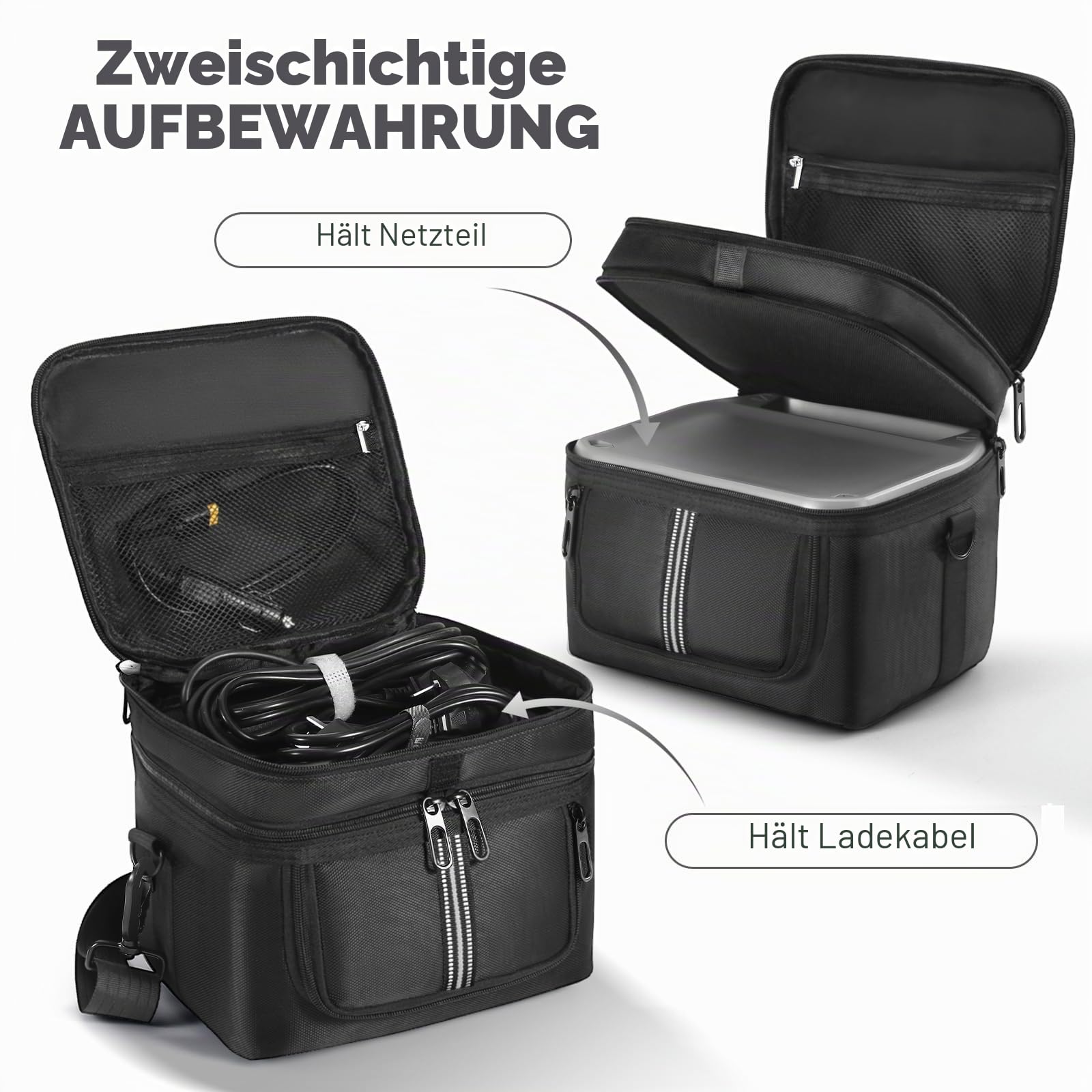 Generator-Tragetasche für ECOFLOW River 2 (256 Wh), zweilagig mit Schnellzugriff und Luftstrom-Reißverschlussfenstern, Schwarz