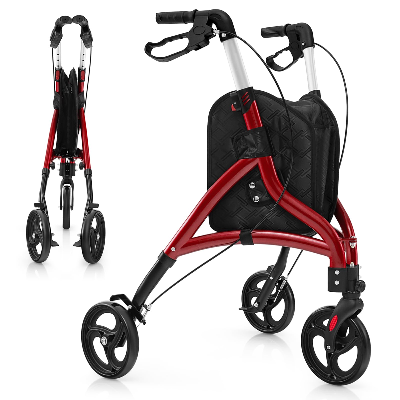 HOMASIS Rollator Pieghevole a 3 Ruote in Alluminio Leggero, Ausilio alla Deambulazione Regolabile in Altezza, con Sacca Portaoggetti per Tutti i Tipi di Terreno per Anziani, Disabili (Rosso)