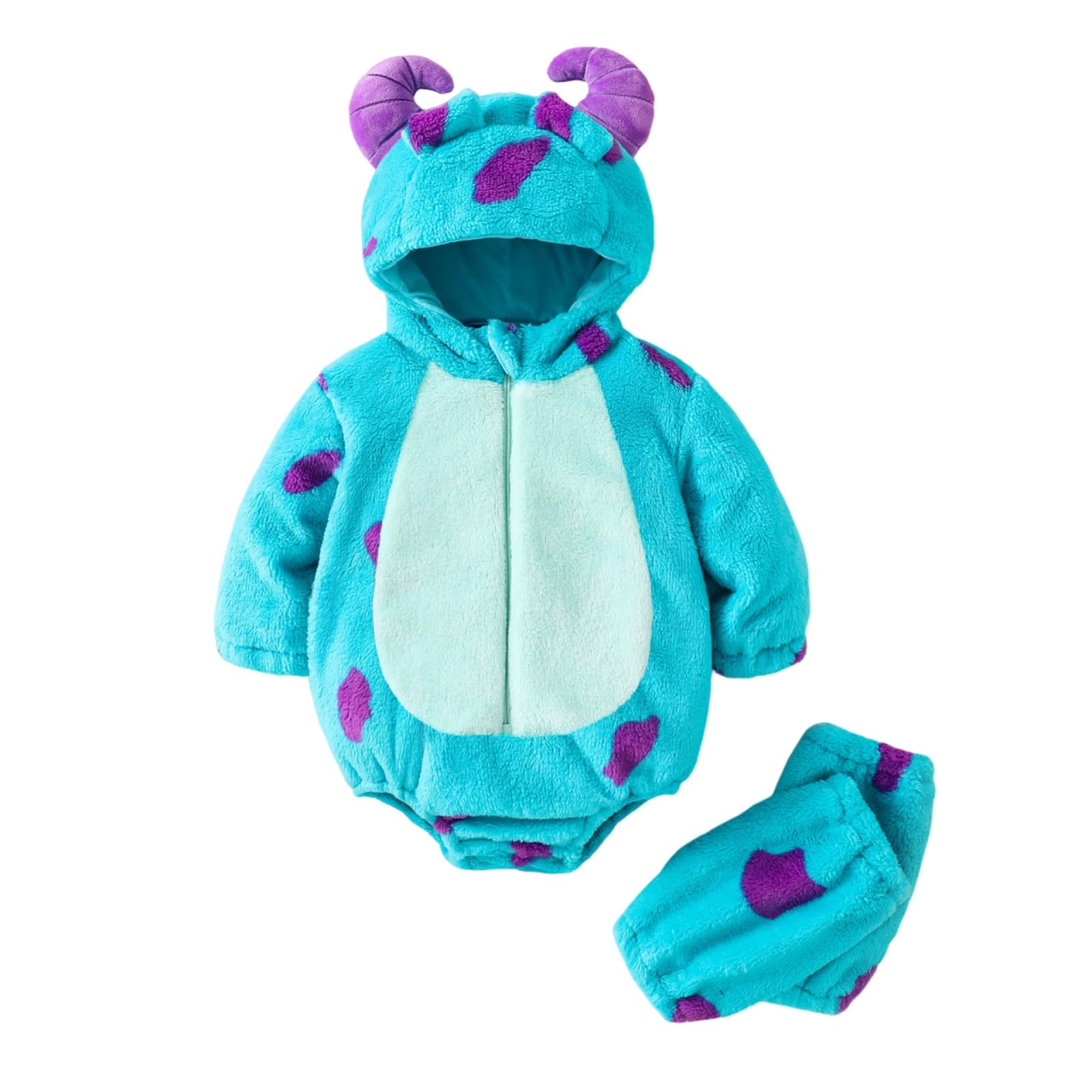 Springcmy Toddler Baby Animal Costume Fleece Long Sleeve Hooded Romper Leg Warmers Funny Monster Halloween Cosplay Outfit (A Blue, 9-12 Months) โ image 1