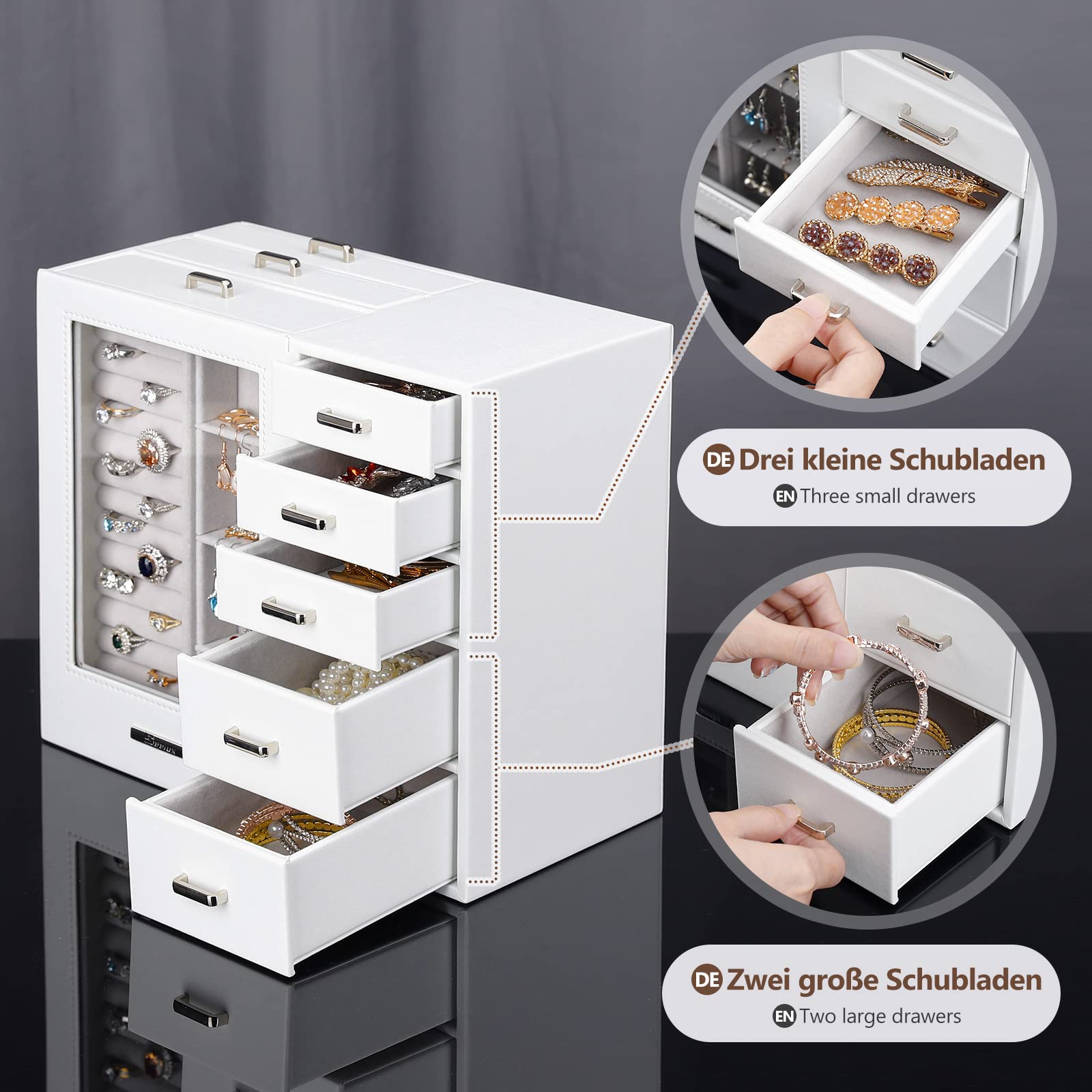 Joyero Grande con Vitrina para Mujer: 8 Cajones para Joyas | Organiza Collares Anillos Relojes y Pendientes-Tocador y Dormitorio-Frontal de Cristal para una Selección Rápida-Blanco
