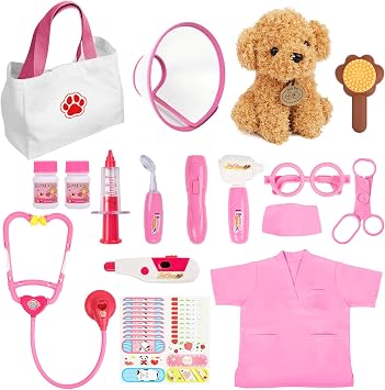 Liberry Doctor Kit Toy for Toddlers 3 4 5 6 Years Old, Pink | Kids Doctor Playset with Dog Toy, Stethoscope and Dress Up Costume, Pretend Play Medical Bag, Boys Girls Birthday Gift