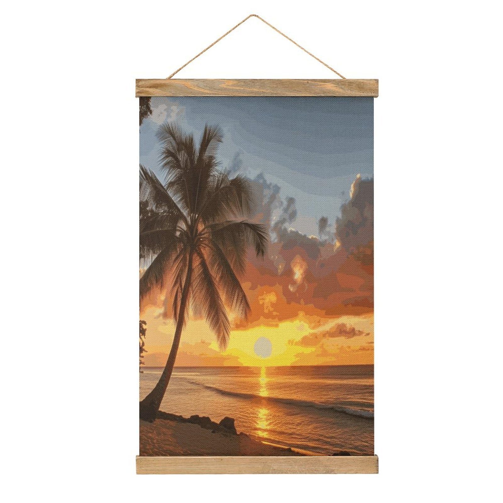 FekiLoot Sunset Hawaiian Palm Tree Wall Art Poster Hanger Frame Linen Wall Art Decor Vintage Hanging Poster Hanging Wall Decor Rustic Retro Wall Art Print for Living Room Decor 20.4 X 13.1Inches