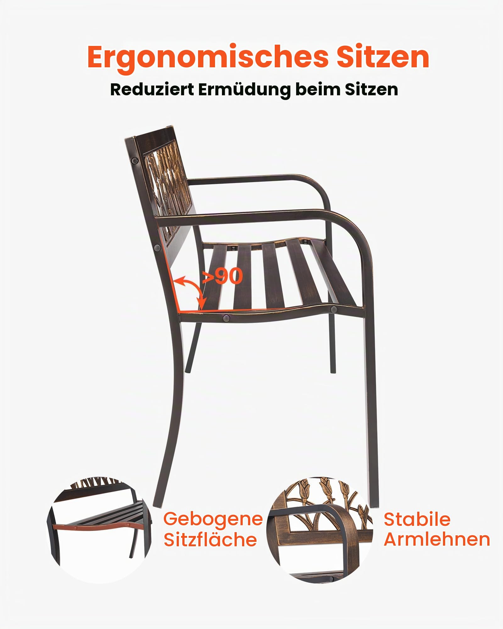 VEVOR Gartenbank Gartenmöbel Bänke 127 cm 250 kg Tragkraft, Terrassenbank mit Metallrahmen aus Karbonstahl Balkonbank mit PVC-Blumenmuster und Armlehnen mit abgerundeten Kanten Antikbronze