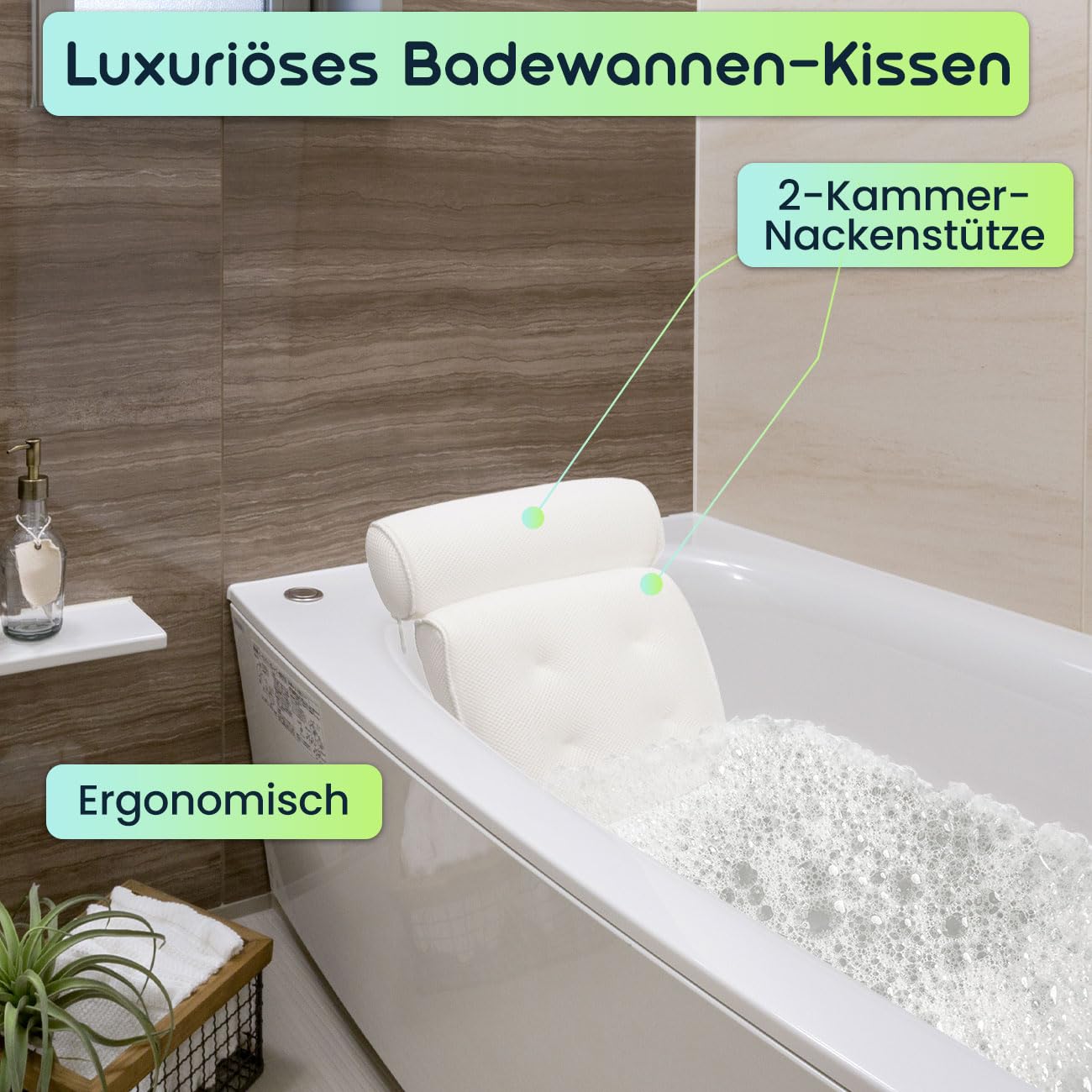 Wellness Luxuriöses Badewannenkissen für Pure Entspannung - Nackenkissen für Badewanne, Ergonomische 2-Kammer-Nackenstütze - Das Wohlfühlkissen für Ihr Bad