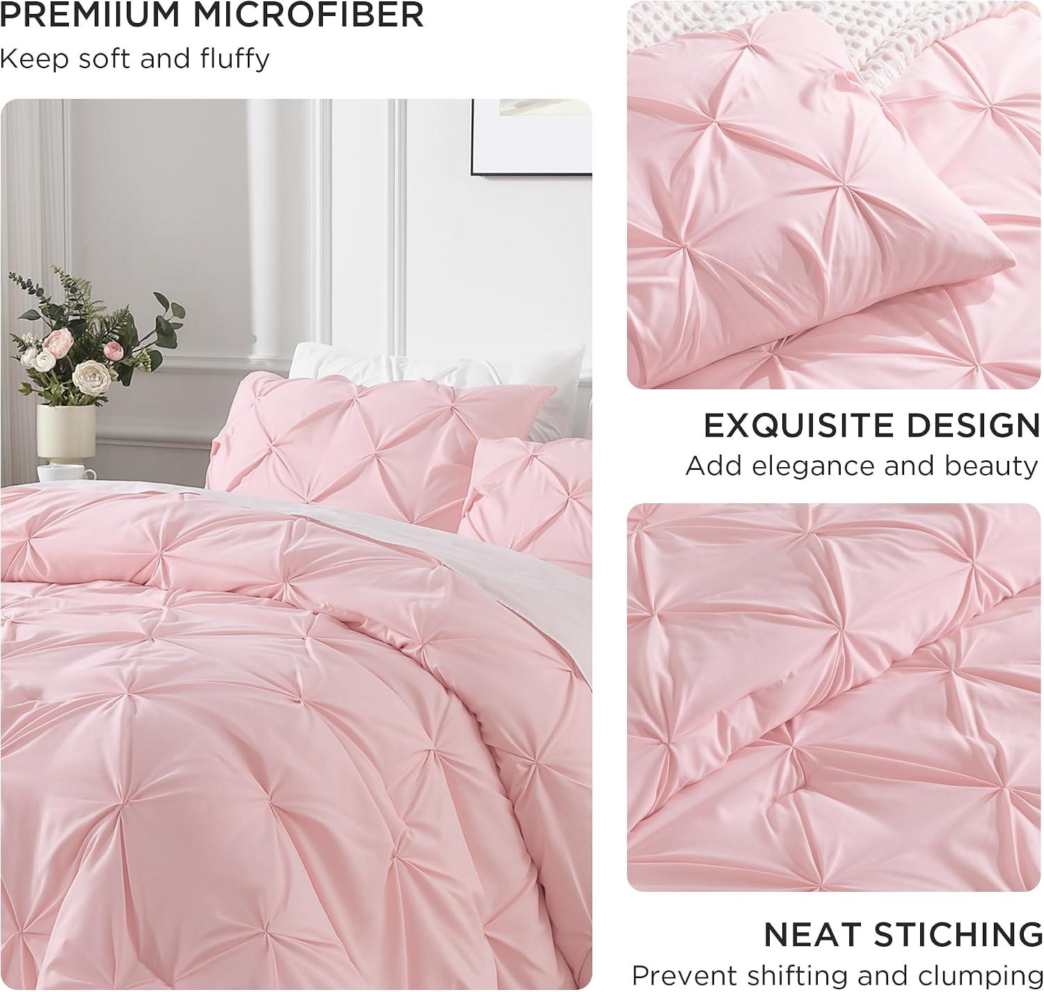Twin Pinch Pleat Pink Comforter Set 2 Piece Bedding | Lightweight Comforter with 1 Pillow Sham,66"x90", Pintuck Fluffy, All Season Use, Boho Cute Style for Bedroom