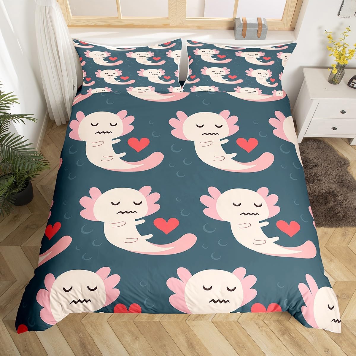 Axolotl – Juego de ropa de cama para niños, funda de edredón Kawaii de ajolotes tamaño King, funda de edredón de animales reptiles de dibujos