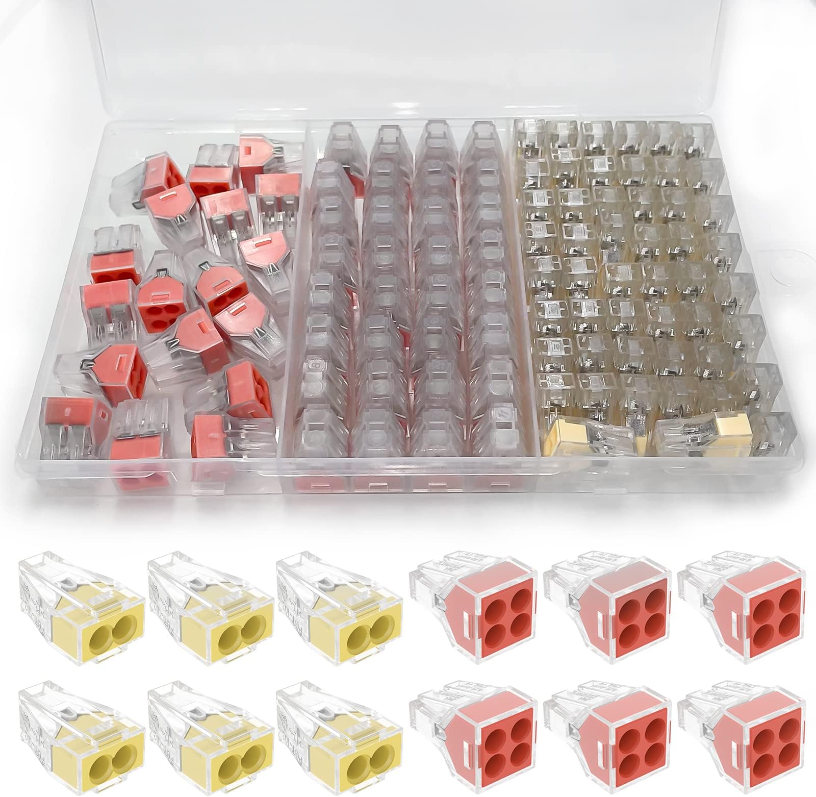 Push-In Wire Connectors Quick Connect Electrical 2-Port 50 Pcs + 4-Port 50 Pcs Push Wire Nuts Assortment