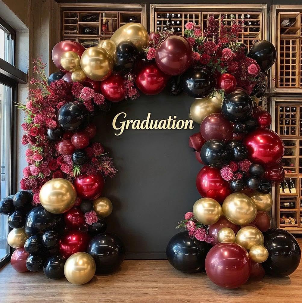 Burgundy Black Gold Balloon Garland Double Stuffed Dark Red Gold Maroon Black Balloon Arch Kit for Birthday Graduation Anniversary Prom Party Decoration