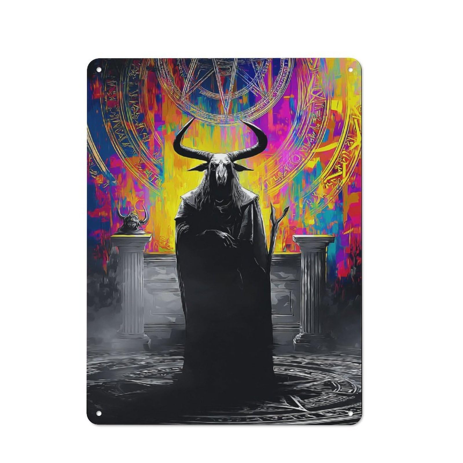 Junmoney Dark Ritualscape With Horned Figure Metal Wall Sign 40X30cm Featuring For Café Or Restaurant, A Decorative Metal Sign For Cafés And Restaurants
