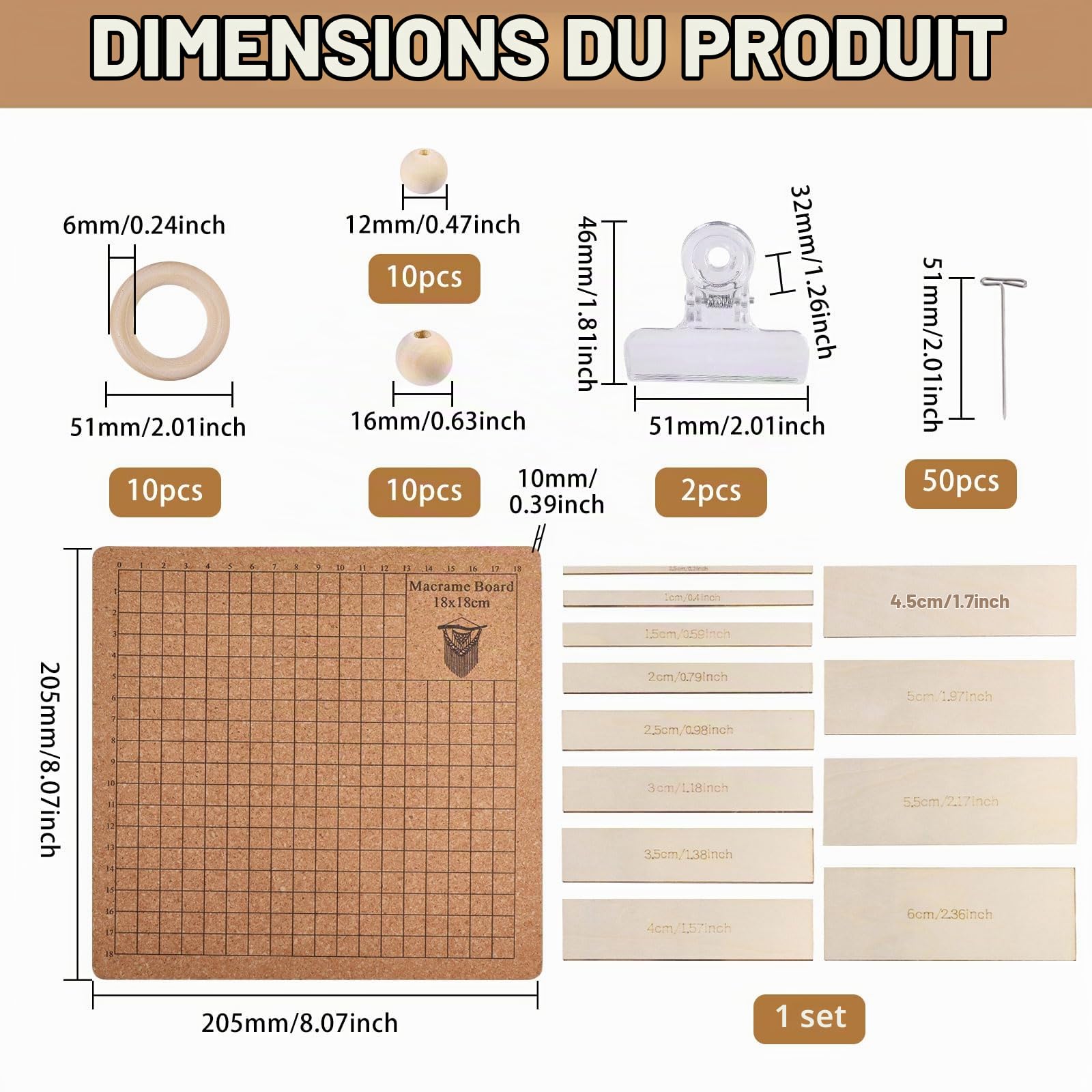 FREEBLOSS 8x8'' Ensemble de Planches en Macramé avec Séparateur de Tissage Planche en Bois et Épingles avec 10 Porte Clés pour Tressage Kits de Macramé pour Adultes Débutants