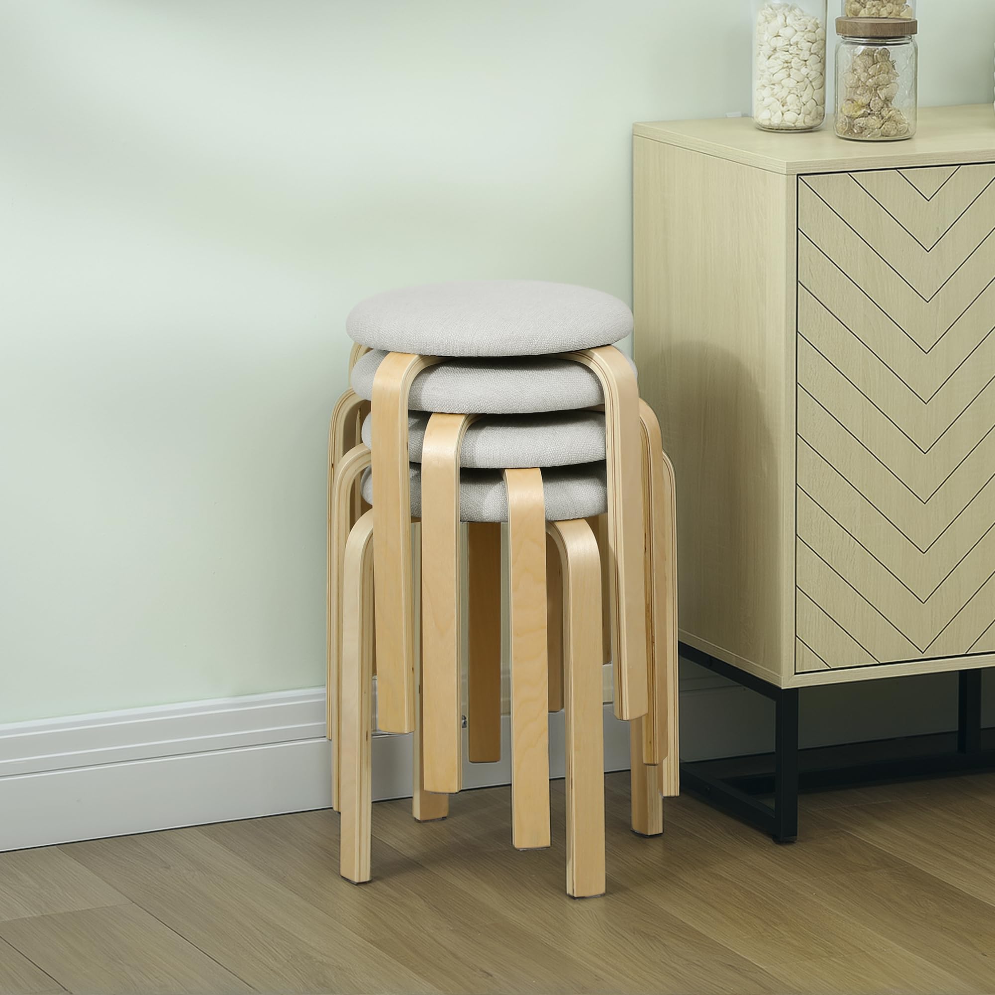 HOMCOM Esszimmerhocker 4er Set Stapelhocker für Esszimmer Cremeweiß | Aus Birkensperrholz, Hocker mit Leinenoptik, Küchenhocker, Polsterhocker, Wohnzimmer
