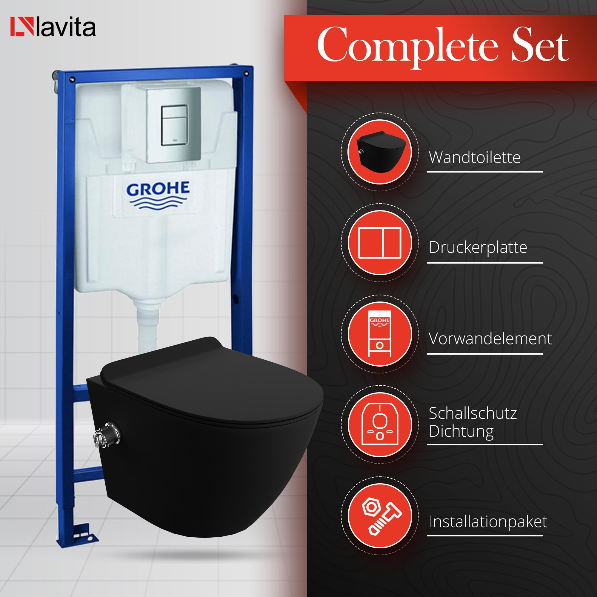 LAVITA Elemento de pared Solido + pared colgante de inodoro Salto negro sin borde + asiento de inodoro de cierre suave | botón cromado | juego completo | cisterna empotrada | inodoro completo