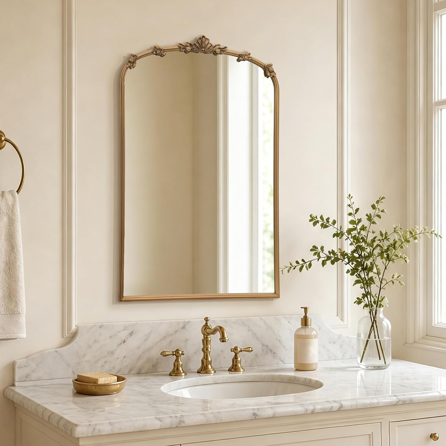 Besdomus Vintage Gold Mirror for Bathroom: 24"x36" Ornate Arched Mirror