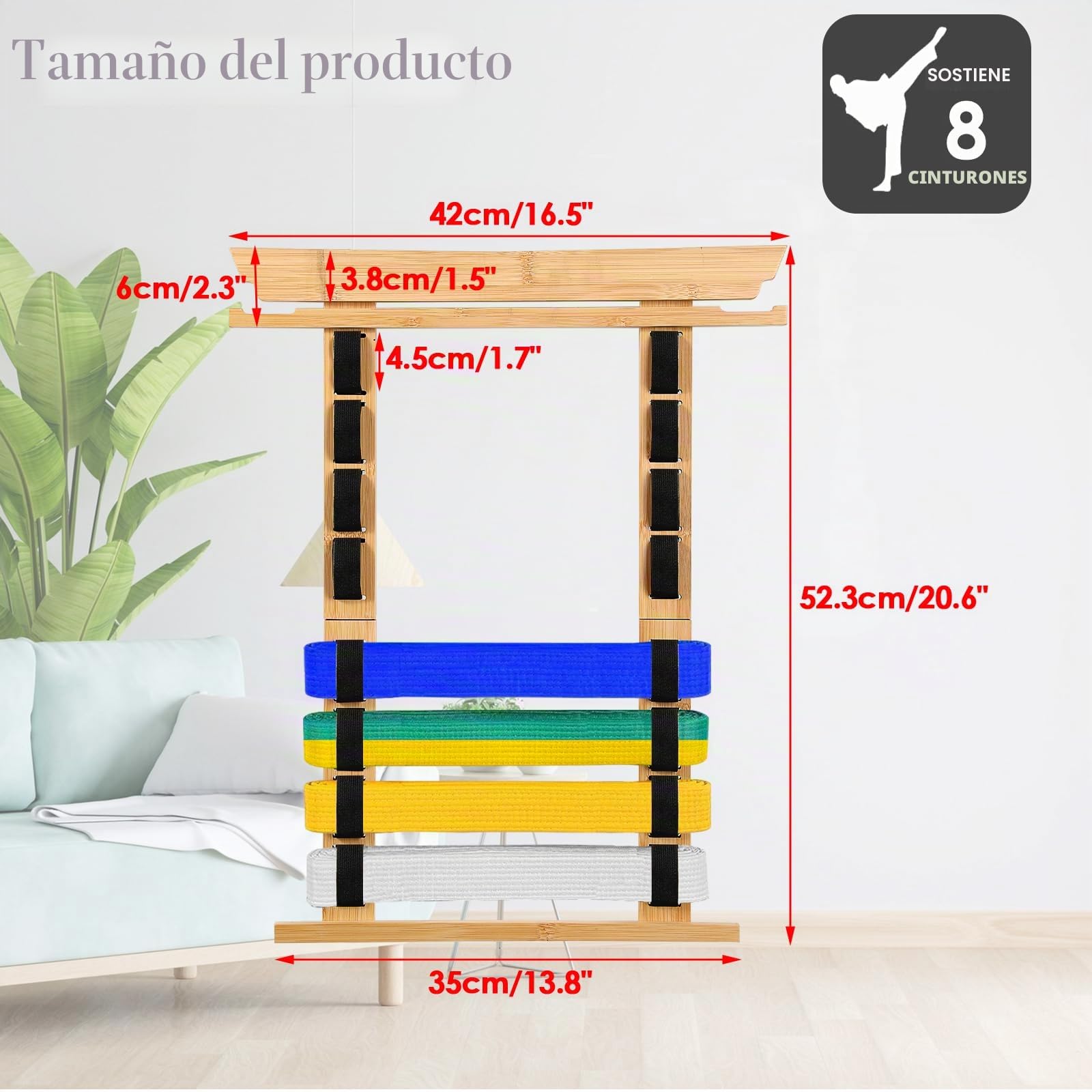 SUMNACON Soporte para cinturón de artes marciales para 8 cinturones de bambú para taekwondo, soporte para cinturón de montaje en pared para medil, cinturón de judo, cinturón de karate, cinturón de