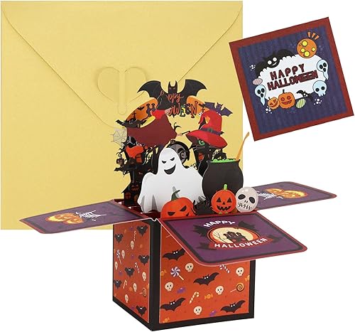 Tarjeta desplegable 3D de Halloween  Tarjeta de felicitación de Halloween 3D para dulce o truco, con nota de mensaje y sobre (bruja con gato negro)