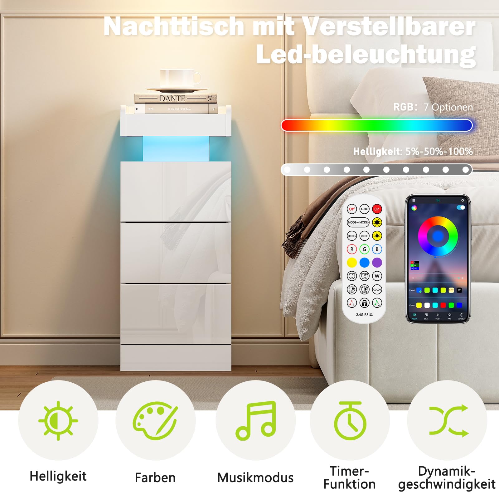 Dripex Nachttisch 2er Set schmal, 3 Schubladen LED Beistelltisch mit RGB Licht Weiß