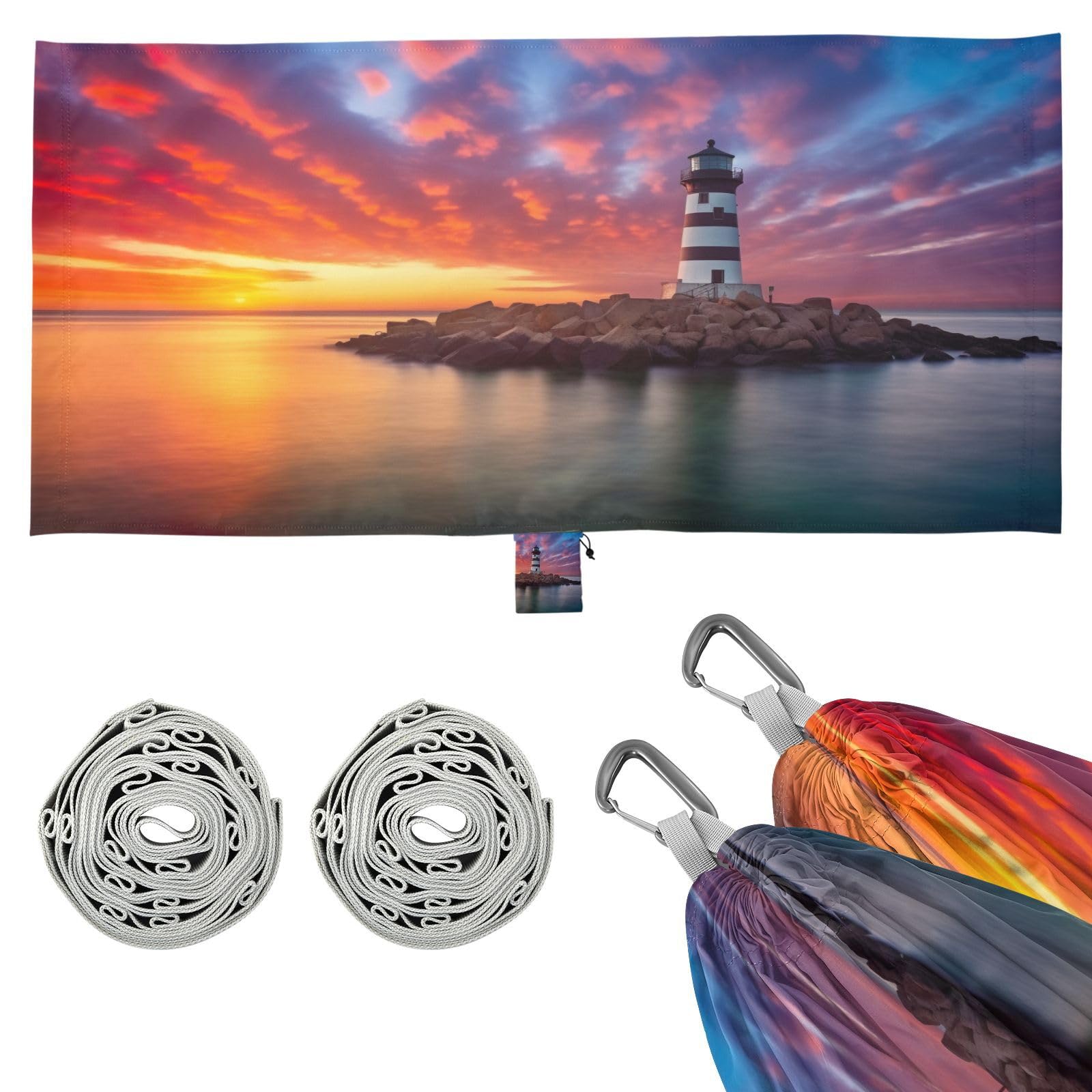 Haskirky Lighthouse Camping Hammock, Single Portable Hammocks with Tree Straps & Attached Carry Bag, 330Lbs Capacity Perfect for Outside Indoor Hiking Beach Backpack Travel