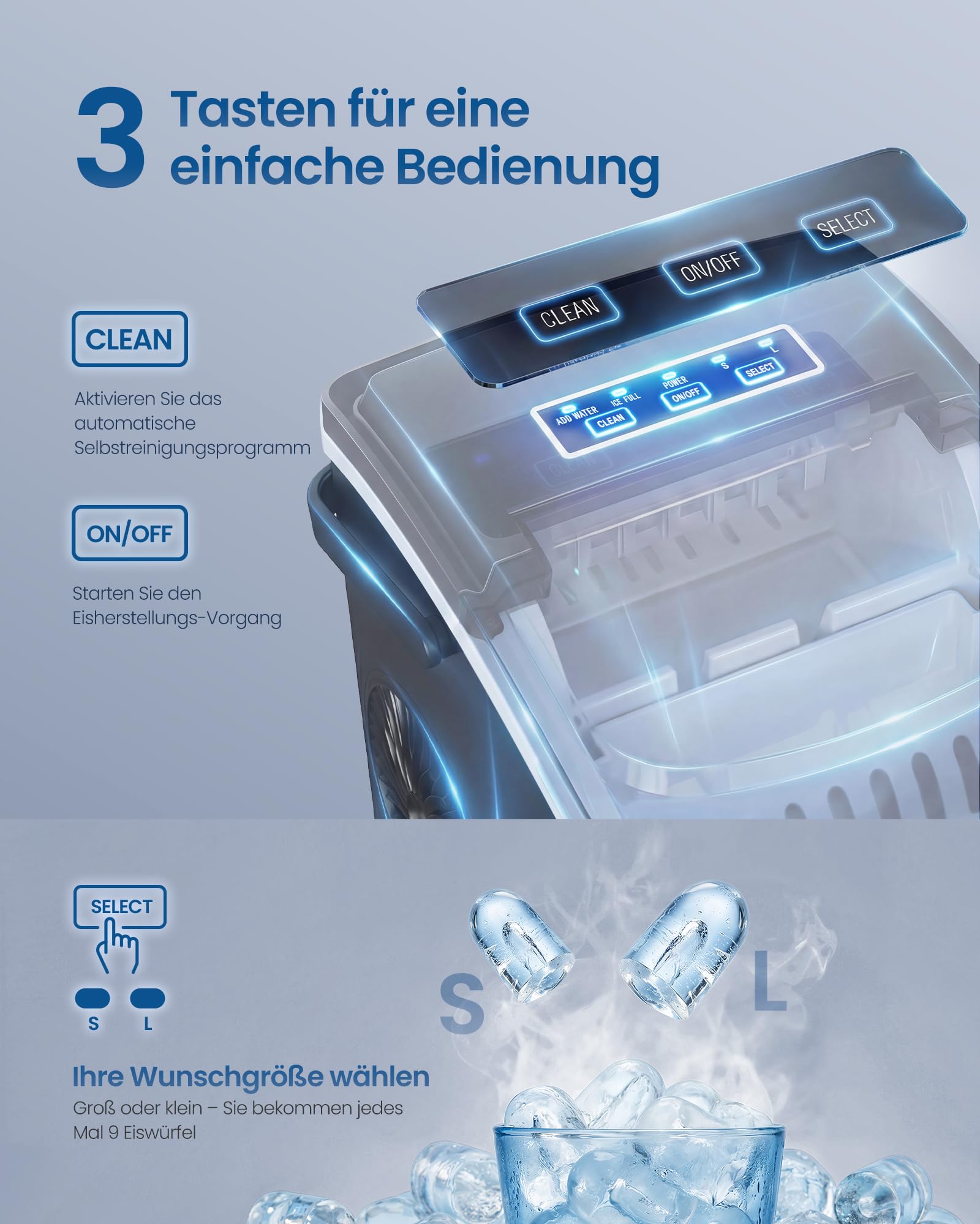 SONGMICS Eiswürfelmaschine, Eiswürfelbereiter, Eismaschine mit Selbstreinigung, in 6 Minuten 9 Würfel in 2 Größen, 12 kg in 24 Stunden, tragbar, Küche, WG, Party, Camping, tintenschwarz XZB001B1EU