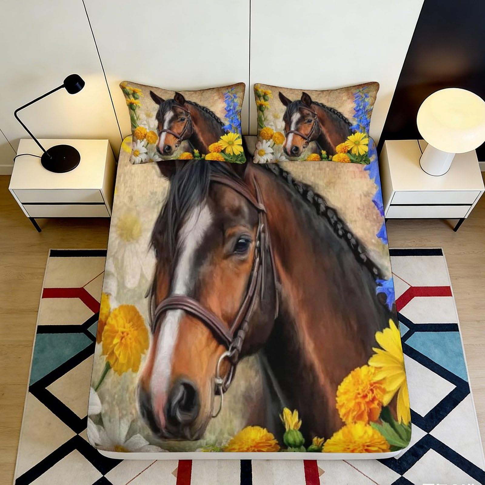 3D Printed Horse Fitted Sheet Microfiber Bedroom Bedding Deep Pocket Horse Mattress Fitted Cover Non-Slip for Adults Teens 140x200x25cm