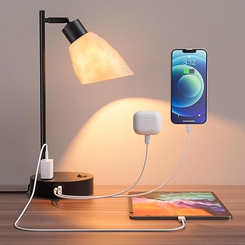 Neoglint Lámpara de mesita de noche industrial, lámparas regulables para dormitorios con puertos USB A+C, puerto de CA, pantalla de luna vintage,