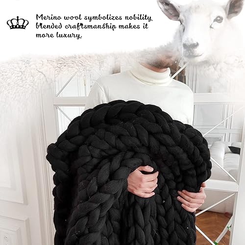 Miniatura 2 de Manta de punto grueso, mezcla de lana merina, hilo gigante, suave, hecha a mano, decoración del hogar, color negro, 50 x 60 pulgadas