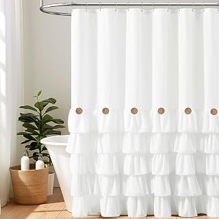 BTTN White Ruffle Farmhouse Shower Curtain, Elegant Boho Cloth Shower Curtains for Bathroom with Buttons, Modern Rustic Country Vintage Waterproof Cloth Shower Curtains Set with Plastic Hooks, 72x72