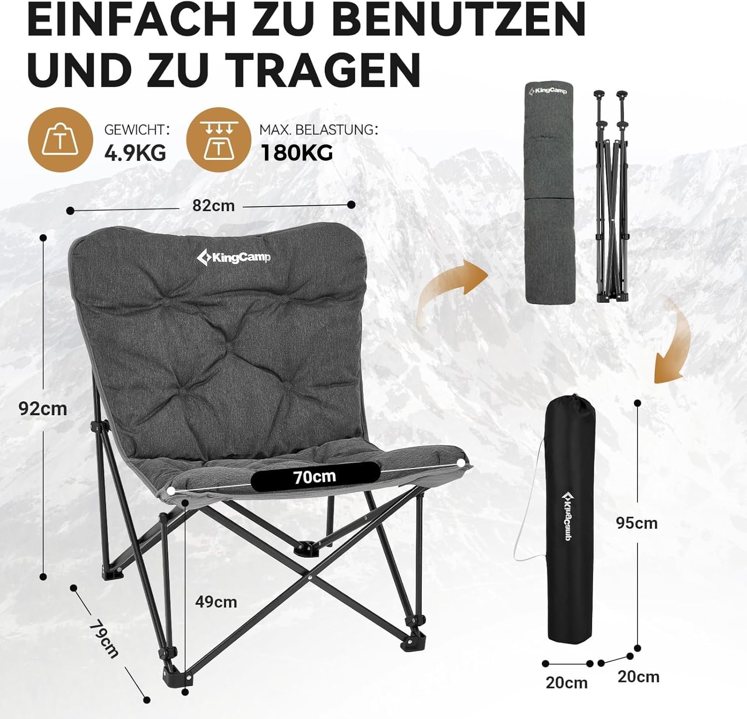 KingCamp Campingstuhl faltbar leicht Camping Stuhl hochlehner Gartenstuhl Größer Campingstuhl Gepolster, Campingstuhl XXL mit Tasche Relaxsessel für Camp Garten Balkon Strand Outdoor Campingstuhl