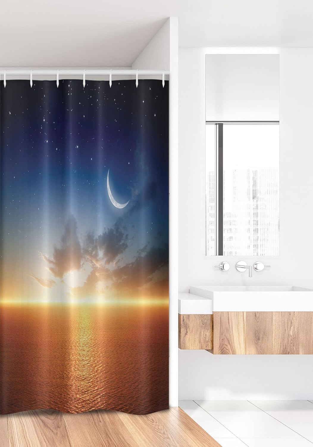 Ambesonne Ocean Stall Shower Curtain, Sunset Sky with Moon and Stars Horizon Scenery Fantasy View Art Print, Fabric Bathroom Decor Set with Hooks, 36" W x 72" L, Navy Yellow Orange