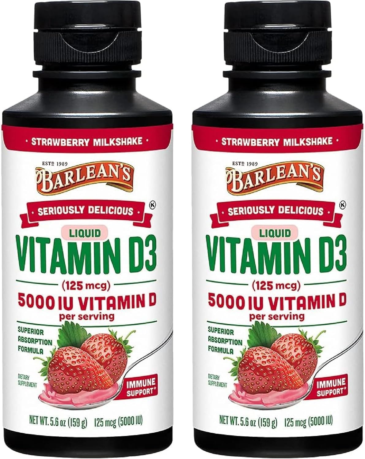 Barlean's Pack of 2 Vitamin D3 Liquid Supplement for Kids and Adults, 5000 IU Vitamin D, Strawberry Milkshake, Non-GMO, Gluten and Dairy Free, 5.6 oz Each