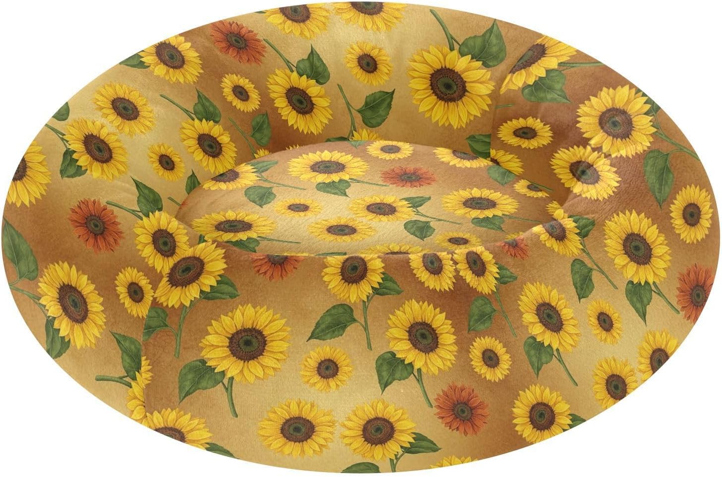 Fall Sunflowers Leaves Brown Pattern Dog Bed Round Donut Washable Puppy Cat Bed Small Pet Medium Dog Beds Mat for Pets Supplies with Washable Cover,M