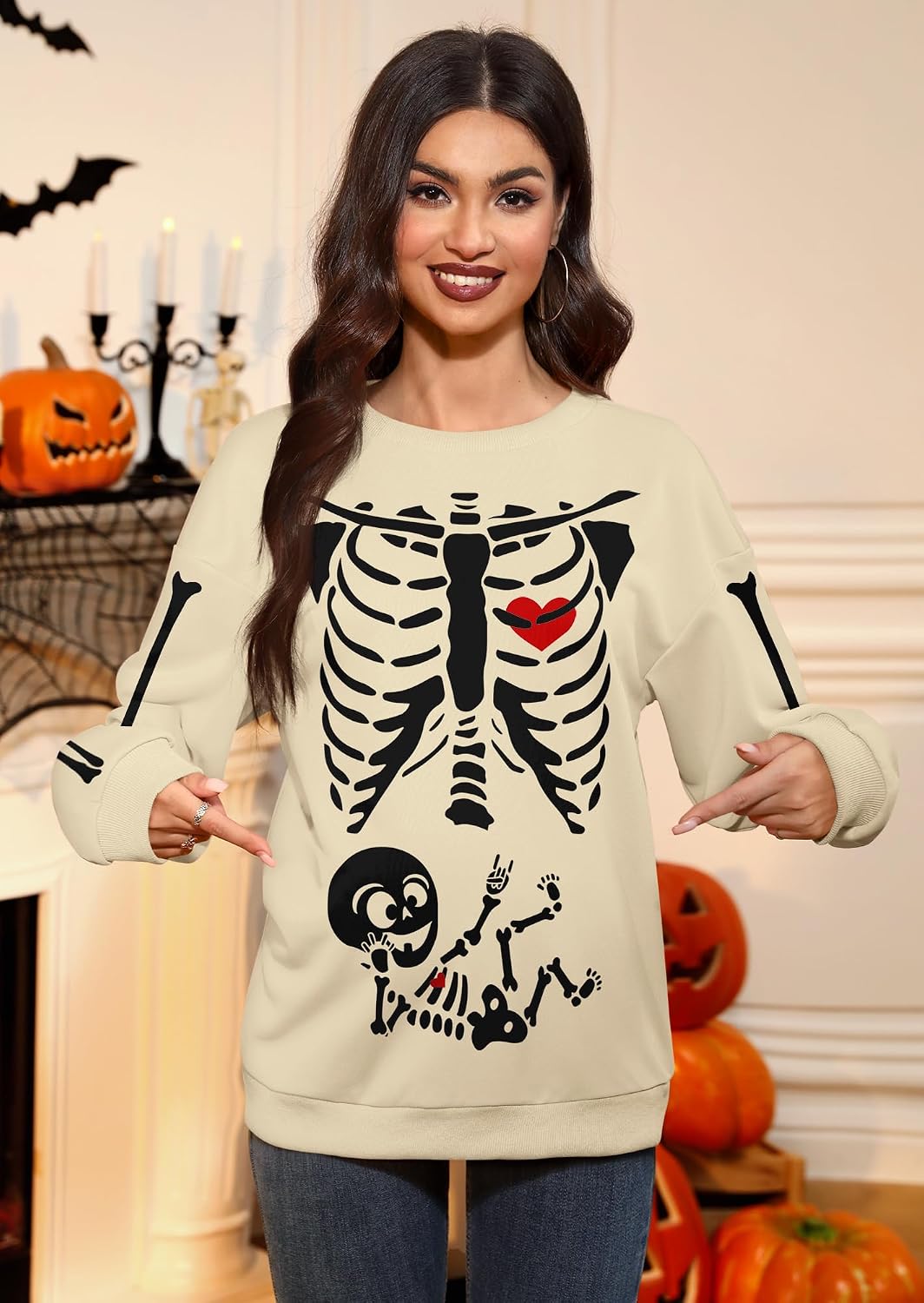 For G and PL Women's Halloween Maternity Long Sleeve Crewneck Sweatshirt Pregnancy Pumkin Skeleton Sweater S-XXL
