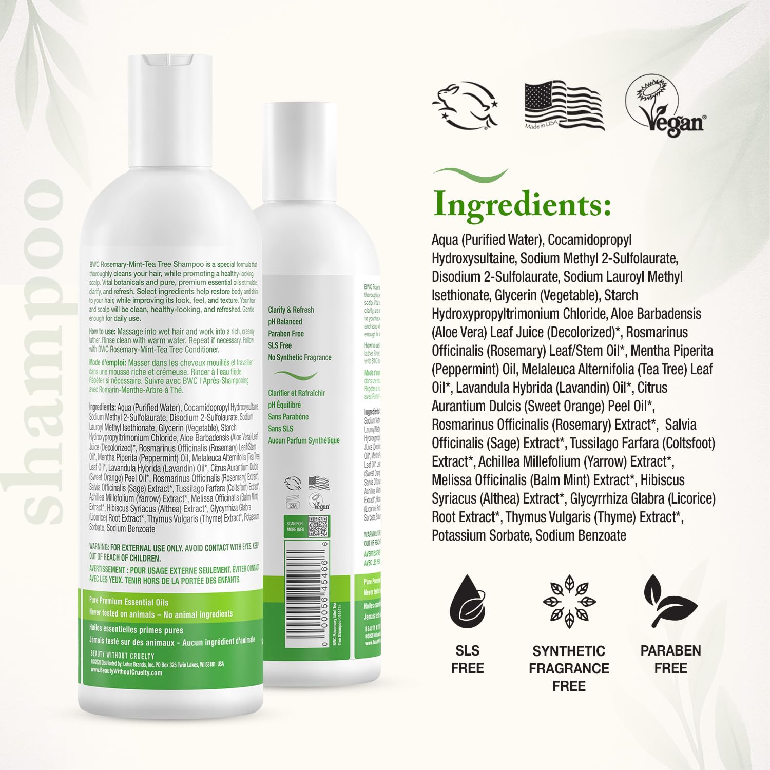 Beauty Without Cruelty Shampoo, Clarifying Rosemary Mint Tea Tree – Aromatherapy Hair & Scalp Treatment, SLS-Free, Vegan-Friendly & Cruelty-Free, 16 Oz