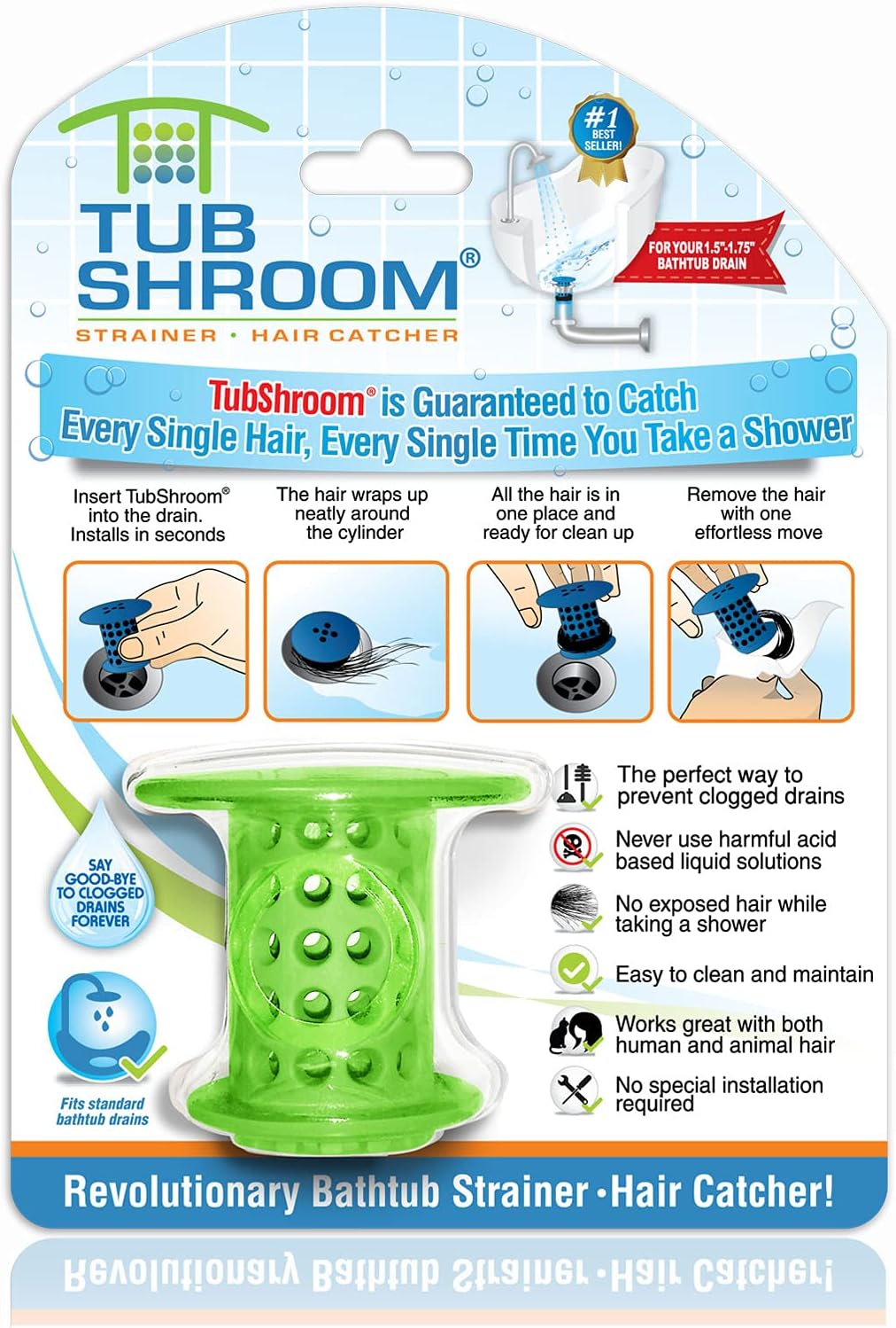 TubShroom the Revolutionary Tub Drain Protector Hair Catcher, Strainer, Snare, Green