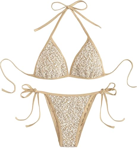 MakeMeChic Women's 2 Piece Sequin Bikini Set Sparkly Halter Triangle Thong Swims