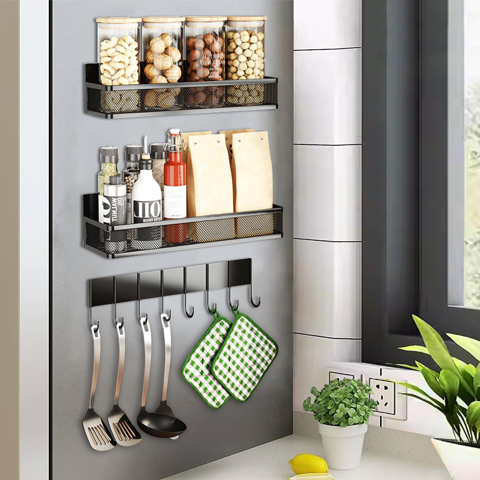 JOYART Spice Rack Organizer Magnet Shelf with Magnetic 8-Hook Rack Spice Rack Magnetic Refrigerator for Home Organization and Storage-3 Pack