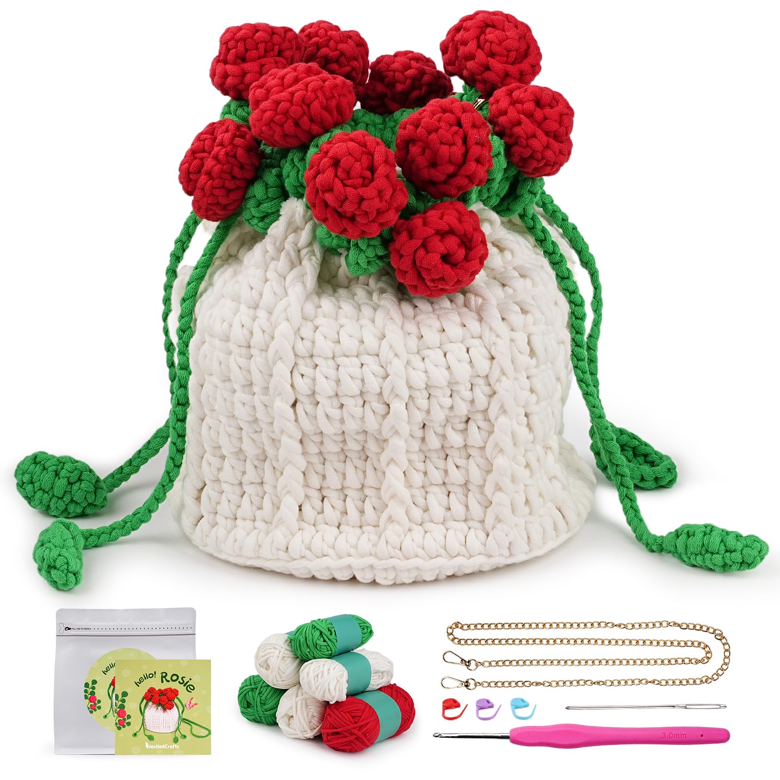 LetCartMaker Crochet Kit for Beginner, Rosie Bag Crochet Kit Crochet Starter Set with Step-by-Step Video Tutorials Birthday Holidays Gift for Kids Adults