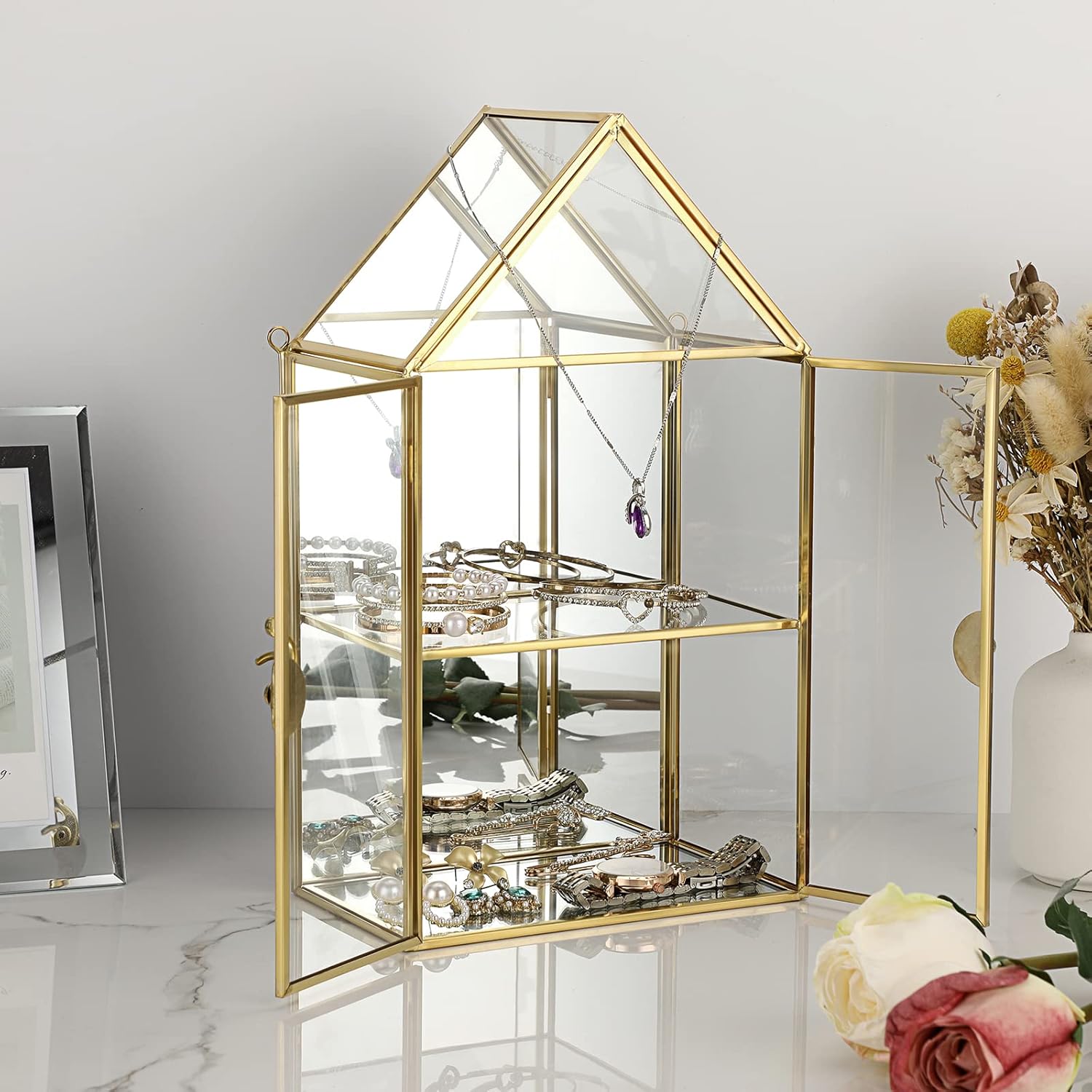 ELLDOO 2 Tier Clear Glass Storage Box, Gold Mirrored Jewelry Makeup Display Organizer Case, Decorative Tower box Storage for Trinket Perfume Lipstick Figure Statue Toy Display, House Shape